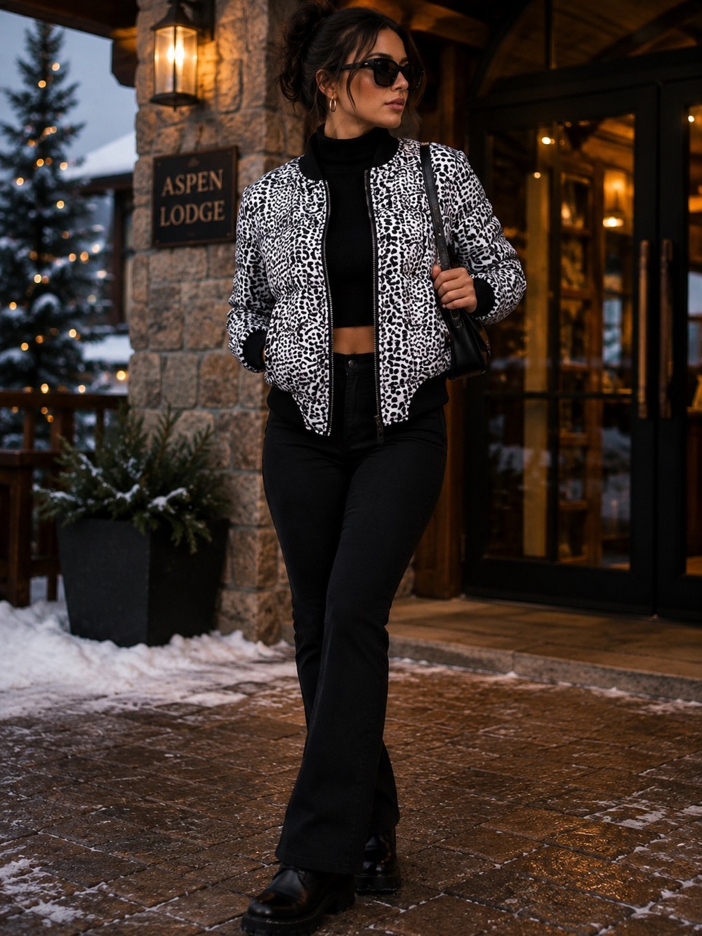 Betsey Johnson Snow Leopard Puffer Bomber Jacket Y2K Animal Print Medium